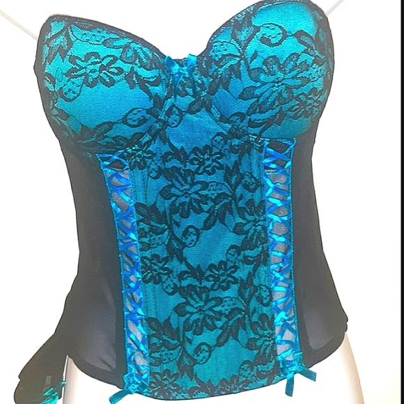 ☆Brand NEW☆Sexy Lace Push-Up Teal Blue & Black Bustier/G-String/Corset Set-Small - Picture 1 of 16